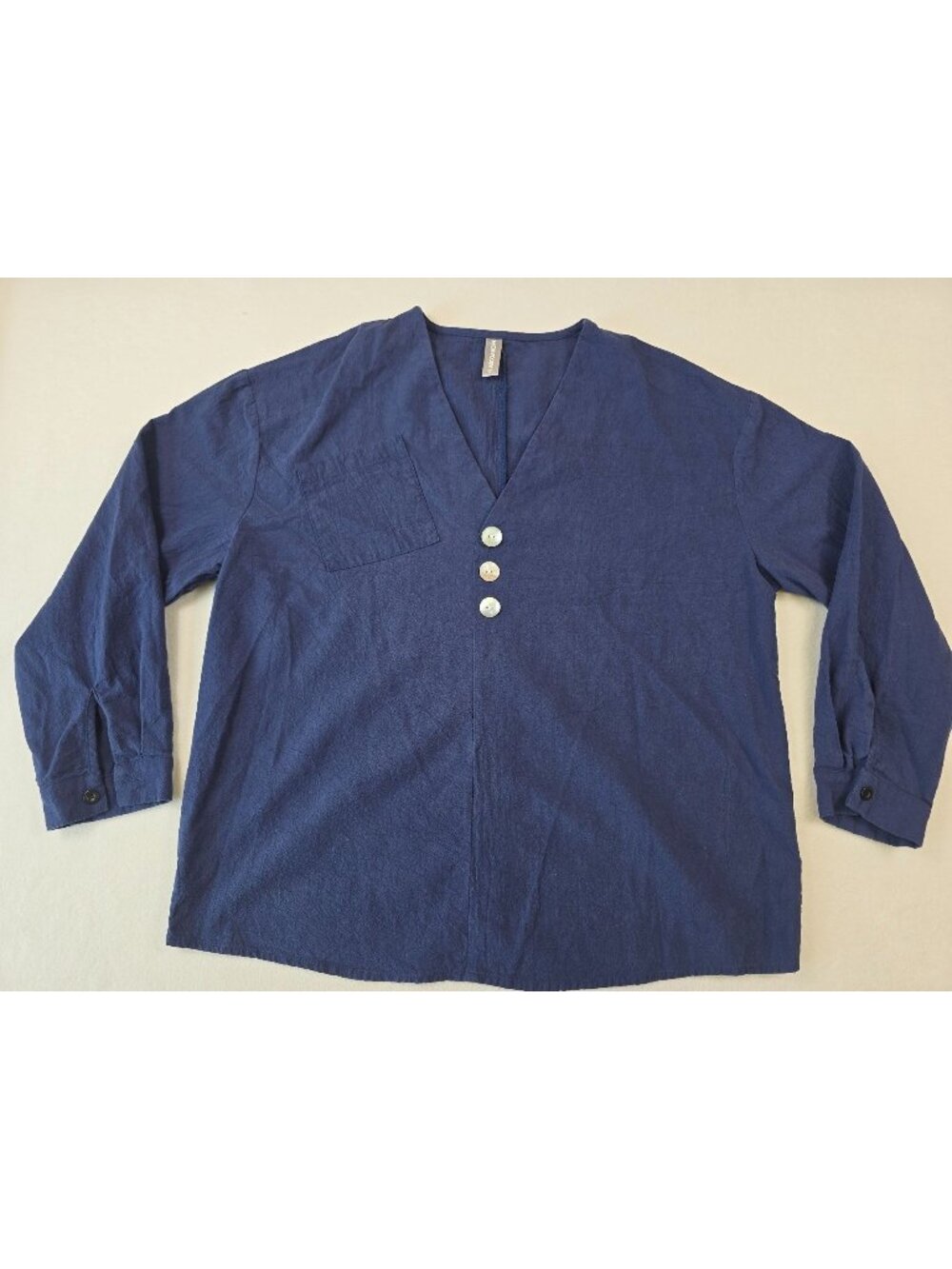 Noracora Medium Blue V-Neck Long Sleeve 100% Cotton Blouse